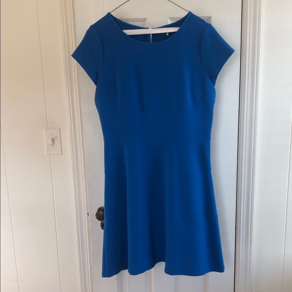 Blue Cap-Sleeve Fit & Flare Dress